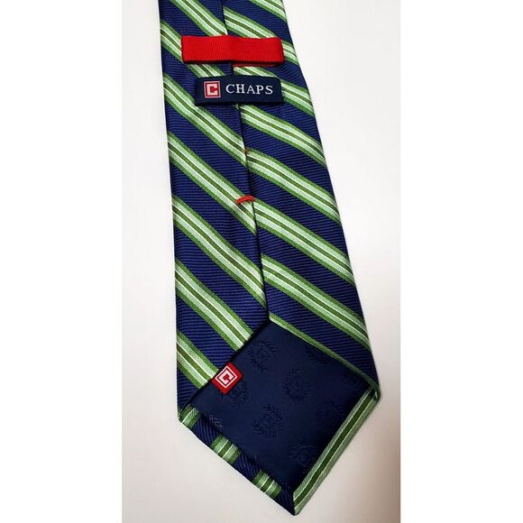 CHAPS Necktie 100% Silk Navy/ Green/ Ivory Tradition Diagonal Stripe Classic Tie - Picture 9 of 10